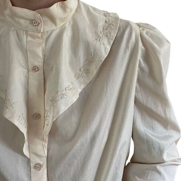 Vintage 80s Womens 100% Silk White Ruffle Collar Floral Light Academia Blouse - Picture 8 of 10